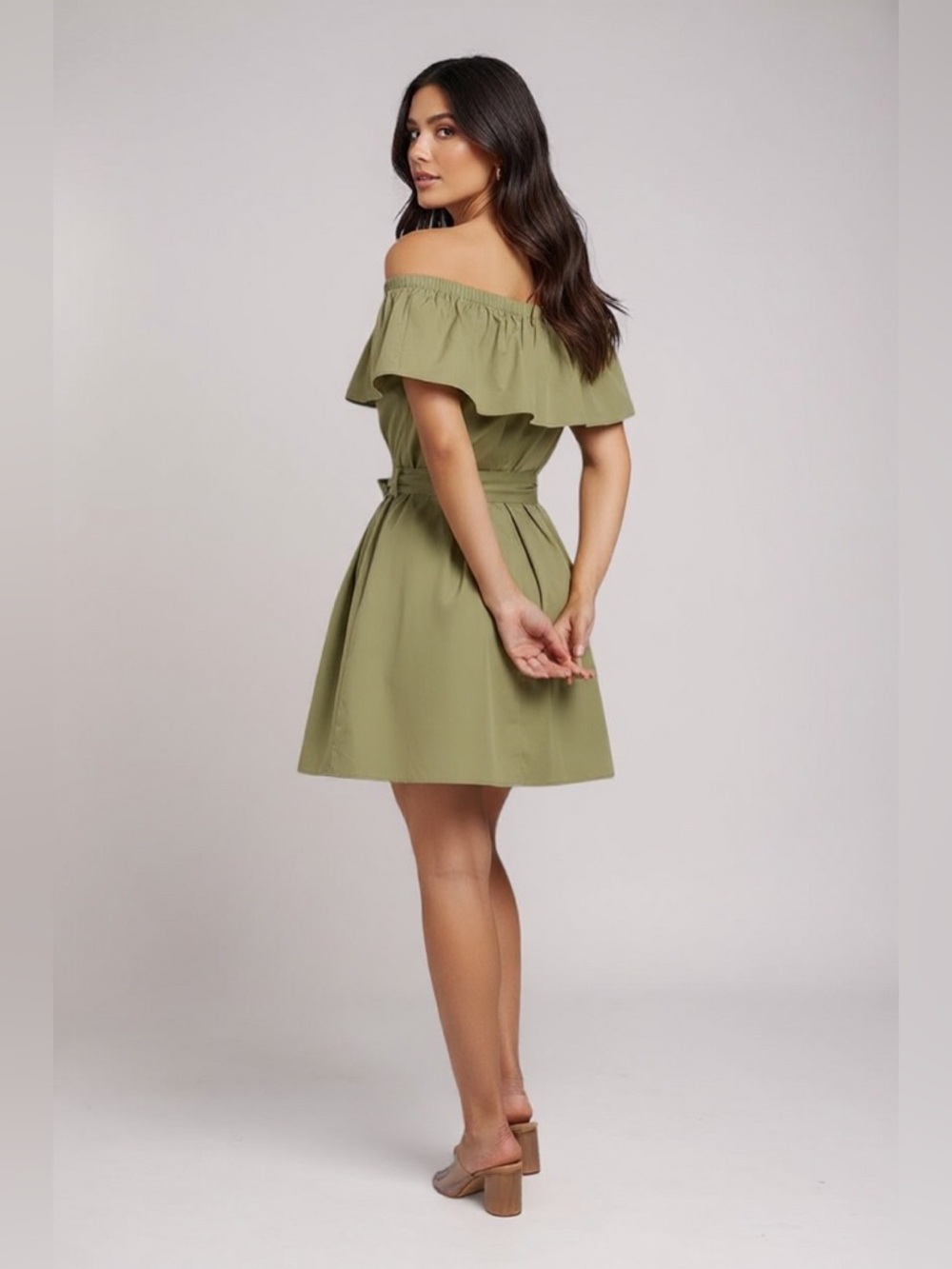 Olive Green Ruffle Off Shoulder with Self Sash Dress - Picture 2 of 8